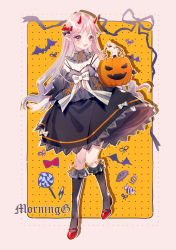 Rule 34 | 1girl, :d, absurdres, black bow, black dress, blush, bow, breasts, candy, cleavage, demon horns, detached sleeves, dress, fang, food, frilled socks, frills, full body, hair bow, halloween, highres, holding, horns, jack-o&#039;-lantern, kneehighs, lolita fashion, long hair, looking at viewer, neck ribbon, open mouth, original, outline, pink eyes, pink hair, pointy ears, red bow, red footwear, ribbon, shoes, small breasts, smile, socks, solo, standing, striped ribbon, white bow, yellow outline, yuzhi