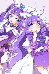 Rule 34 | 2girls, absurdres, aqua eyes, blunt bangs, bow, bowtie, cure majesty, cure noble, dress, drill hair, ellee-chan, headgear, highres, hirogaru sky! precure, long hair, looking at another, moro precure, multiple girls, ojou-sama pose, precure, purple hair, standing, white dress