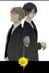 Rule 34 | 10s, 2boys, back-to-back, bad id, bad pixiv id, black hair, brown hair, closed eyes, father and son, flower, formal, ginoza nobuchika, glasses, grin, masaoka tomomi, mrc-k, multiple boys, necktie, prosthesis, prosthetic arm, psycho-pass, short hair, smile, spoilers, suit