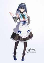 Rule 34 | 1girl, alternate costume, apron, artist name, black pantyhose, blue bow, blue bowtie, blue eyes, blue footwear, blush, bow, bowtie, breasts, cleavage, crop top, detached sleeves, full body, hair intakes, highres, hololive, hololive english, large breasts, maid, maid apron, maid headdress, ouro kronii, pantyhose, short hair, signature, simple background, skyrail, solo, turtleneck, virtual youtuber, white background