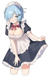 Rule 34 | 1girl, black dress, blue hair, blush, bow, breasts, cleavage, cleavage cutout, clothing cutout, collared dress, commentary request, cropped legs, dress, frilled dress, frills, green eyes, hair ornament, hair over one eye, hairclip, highres, looking at viewer, maid, maid headdress, medium breasts, nirareba, original, puffy short sleeves, puffy sleeves, red bow, short sleeves, simple background, skirt hold, solo, standing, white background, x hair ornament