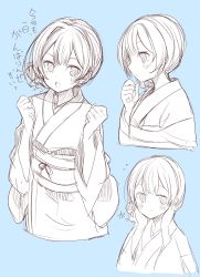 Rule 34 | 1girl, absurdres, blue background, character request, copyright request, hair between eyes, highres, inui/byte, japanese clothes, kimono, looking at viewer, monochrome, multiple views, short hair, simple background