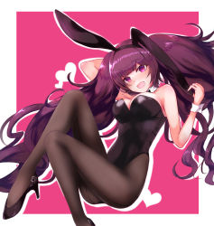 Rule 34 | 1girl, :d, absurdres, animal ears, arm behind head, arm up, bare shoulders, black footwear, black hairband, black leotard, breasts, brown pantyhose, commentary request, drop shadow, fake animal ears, fang, habu rin, hairband, hand up, head tilt, heart, high heels, highres, leotard, long hair, looking at viewer, medium breasts, open mouth, original, pantyhose, pink background, playboy bunny, purple eyes, purple hair, rabbit ears, shoes, smile, solo, strapless, strapless leotard, twintails, two-tone background, very long hair, white background, wrist cuffs