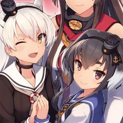 Rule 34 | 3girls, amatsukaze (kancolle), anchor symbol, black dress, black hair, blue sailor collar, breasts, brown hair, chain, dress, gradient hair, head out of frame, kantai collection, long hair, looking at viewer, multicolored hair, multiple girls, neckerchief, official art, one eye closed, parted lips, sailor collar, sailor dress, shizuma yoshinori, short hair with long locks, sidelocks, simple background, third-party source, tokitsukaze (kancolle), two side up, upper body, white dress, white hair, yamato (kancolle)