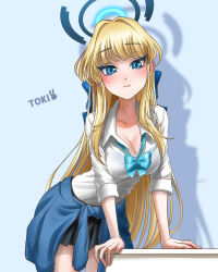 Rule 34 | 1girl, absurdres, blonde hair, blue archive, blue eyes, blue hair, blush, breasts, bucho sama, character name, cleavage, clothes around waist, halo, highres, long hair, looking at viewer, multicolored hair, neck ribbon, pleated skirt, ribbon, school uniform, shadow, skirt, solo, streaked hair, toki (blue archive), two-tone hair, variant set