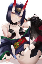 Rule 34 | 1girl, bare shoulders, blazpu, bob cut, breasts, eyeliner, fate/grand order, fate (series), headpiece, highres, horns, japanese clothes, kimono, long sleeves, looking at viewer, makeup, oni, pointy ears, purple eyes, purple hair, purple kimono, revealing clothes, short hair, shuten douji (fate), sitting, skin-covered horns, small breasts, smile, solo, thighs, wide sleeves