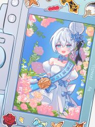 Rule 34 | 1girl, :d, blue bow, blue choker, blue eyes, bow, breasts, butterfly hair ornament, choker, detached sleeves, dress, flower, franhill, grey hair, hair between eyes, hair bun, hair ornament, highres, honkai (series), honkai impact 3rd, medium breasts, open mouth, pink flower, pink rose, pleated dress, puffy short sleeves, puffy sleeves, rose, sash, short sleeves, smile, solo, strapless, strapless dress, theresa apocalypse, white dress, white flower, white sleeves