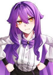 Rule 34 | 1girl, absurdres, angry, black shorts, breasts, closed mouth, frown, hair between eyes, hands on own hips, highres, honkai (series), honkai impact 3rd, korean commentary, large breasts, long hair, looking at viewer, orange eyes, purple hair, purple ribbon, pyeong-il pyeongil, ribbon, shirt, shorts, sirin, solo, symbol-shaped pupils, upper body, v-shaped eyebrows, white background, white shirt, white sleeves, x-shaped pupils