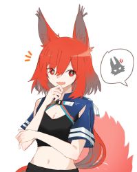 Rule 34 | 1girl, anger vein, animal ears, arknights, ashlock (arknights), black pants, black shirt, breasts, cleavage, fang, flametail (arknights), hair between eyes, hand on own chin, highres, long hair, looking at viewer, midriff, navel, notice lines, open mouth, pants, ponytail, red eyes, red hair, shirt, shrug (clothing), simple background, small breasts, solo, spoken character, squirrel ears, squirrel girl, squirrel tail, tail, toto (t0t00629), white background