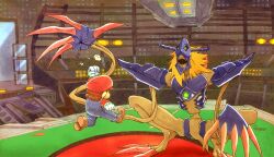 2boys arm_up armor asymmetrical_eyes attack back battle big_hair blonde_hair blue_armor blue_overalls brown_footwear brown_hair clenched_hands colored_sclera core crack creatures_(company) crossover diablomon digimon digimon_(creature) facial_hair fake_horns flat_cap game_freak gloves green_sclera hat helmet horned_helmet horns jumping long_arms long_sleeves male_focus mario mario_(series) mask multiple_boys mustache nintendo overalls painting_(medium) pokemon pokemon_stadium raised_fist red_hat red_shirt sharp_teeth shirt short_hair shoulder_armor spiked_hair spines squatting stadium super_smash_bros. taragraphika teeth traditional_media watercolor_(medium) white_gloves yellow_eyes