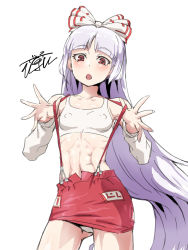 Rule 34 | 1girl, :o, abs, adapted costume, blunt bangs, blush, bow, breasts, collarbone, commentary request, covered erect nipples, cowboy shot, fingernails, fujiwara no mokou, hair bow, highres, long hair, long sleeves, microskirt, miniskirt, muscular, muscular female, navel, ofuda, ofuda on clothes, open mouth, panties, shiny skin, signature, sitting, skirt, small breasts, solo, stomach, suspender skirt, suspenders, suspenders pull, thighs, toned, touhou, two-tone bow, uguisu (happy turn), underwear, white hair, white panties