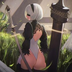Rule 34 | 1girl, ass, back cutout, black blindfold, black hairband, blindfold, clothing cutout, cowboy shot, feather-trimmed sleeves, from behind, grass, hairband, highres, juliet sleeves, leotard, long sleeves, mark simonov, nier (series), nier:automata, puffy sleeves, short hair, solo, standing, sword, thighhighs, thong leotard, virtuous contract, weapon, white hair, white leotard, 2b (nier:automata)