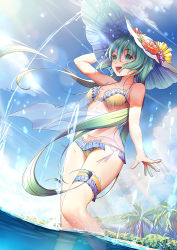 Rule 34 | 1girl, :d, arm at side, arm up, beach, bikini, blue sky, breasts, cloud, collarbone, commentary request, day, dutch angle, flower, frilled bikini, frills, green eyes, green hair, hair between eyes, hand on headwear, hat, hat flower, hatsune miku, long hair, medium breasts, ocean, open mouth, outdoors, palm tree, see-through, sky, smile, solo, standing, sunlight, swimsuit, teeth, thigh strap, tree, upper teeth only, very long hair, vocaloid, wading, water, white hat, wind, xiaosan ye, yellow bikini