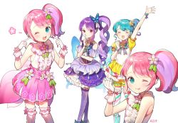 Rule 34 | 4girls, :p, arm up, azit (down), blue eyes, butterfly wings, copyright request, dress, hair ornament, hair ribbon, hand on own face, highres, insect wings, looking at viewer, multiple girls, one eye closed, open mouth, pink dress, pink hair, pointing, pointing at self, purple hair, red eyes, ribbon, shirt, sleeveless, sleeveless shirt, tongue, tongue out, wings
