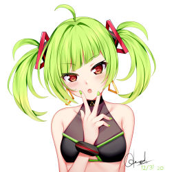 Rule 34 | 1girl, :o, absurdres, ahoge, bare shoulders, blush, breasts, chrisandita, collarbone, commentary, copyright request, covered collarbone, crop top, dated, delutaya, diagonal bangs, earrings, green hair, green nails, head tilt, highres, indie virtual youtuber, jewelry, looking at viewer, nail polish, parted lips, red eyes, signature, simple background, small breasts, solo, twintails, upper body, v over mouth, virtual youtuber, white background