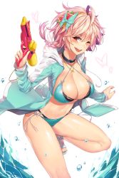 Rule 34 | 1girl, ahoge, aqua bikini, bikini, blush, bow, bracelet, braid, breasts, bug, butterfly, choker, cleavage, collarbone, commentary, english commentary, fang, flower, hair between eyes, hair bow, hair flower, hair ornament, hairband, highres, holding, holding water gun, hood, hooded jacket, insect, jacket, jewelry, large breasts, leg up, long sleeves, looking at viewer, medium hair, moing, navel, necklace, one eye closed, open mouth, pink hair, red eyes, shoes, side-tie bikini bottom, simple background, single braid, skindentation, smile, soccer spirits, solo, string bikini, swimsuit, thighs, transparent background, water, water drop, water gun, wet, wet hair