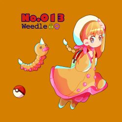 Rule 34 | 1girl, androgynous, backpack, bad id, bad pixiv id, bag, braid, brown background, character name, creatures (company), full body, game freak, gen 1 pokemon, hand up, hat, moemon, narumame, nintendo, personification, poke ball, poke ball (basic), pokedex number, pokemon, pokemon (creature), simple background, single braid, weedle, white hat