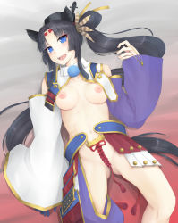 Rule 34 | absurdres, armor, asymmetrical sleeves, black hair, black hat, blue eyes, blue gloves, breasts, convenient censoring, detached sleeves, fate/grand order, fate (series), gloves, hat, highres, japanese armor, kusazuri, long hair, mini hat, mismatched sleeves, navel, nipples, no panties, open mouth, parted bangs, pom pom (clothes), revealing clothes, scwibbles, side ponytail, sidelocks, single glove, small breasts, solo, ushiwakamaru (fate), very long hair, wide sleeves