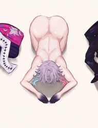 Rule 34 | 1boy, absurdres, ass, back, blue hair, commentary, completely nude, english commentary, foolster, from above, gavis bettel, gradient skin, grey hair, highres, holostars, holostars english, kneeling, male focus, medium hair, multicolored hair, nude, pink hair, scarf, shadow, solo, top-down bottom-up, unworn clothes, virtual youtuber, white background, white scarf