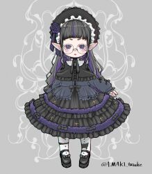 1girl a-maki_tasuke absurdres black_capelet black_dress black_hair bonnet capelet commentary_request dress final_fantasy final_fantasy_xiv frilled_dress frills full_body glasses gothic_lolita hairband highres lalafell lolita_fashion lolita_hairband long_sleeves medium_dress multicolored_hair pointy_ears purple_eyes purple_hair short_eyebrows sidelocks sleeves_past_wrists socks solo streaked_hair twitter_username two-tone_hair warrior_of_light_(ff14) white_socks