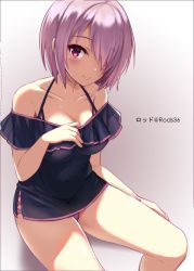 Rule 34 | 1girl, alternate costume, bare shoulders, black dress, blush, breasts, cleavage, closed mouth, collarbone, commentary request, dress, fate/grand order, fate (series), hair over one eye, hand up, highres, large breasts, looking at viewer, mash kyrielight, panties, purple hair, purple panties, red eyes, rods, see-through, short dress, short hair, sitting, smile, solo, twitter username, underwear