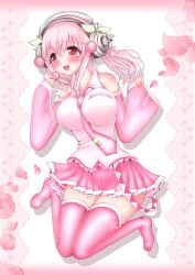 Rule 34 | 1girl, blush, boots, breasts, cosplay, food, hatsune miku, headphones, highres, large breasts, long hair, macaron, nitroplus, open mouth, pink footwear, pink hair, sakura miku, sakura miku (cosplay), sakurapink77, smile, super sonico, thighhighs, vocaloid