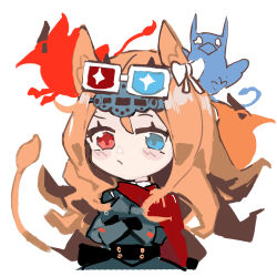Rule 34 | 1girl, 3d glasses, alchemaniac, animal ears, archetto (arknights), arknights, black dress, blonde hair, blue eyes, chibi, commentary, dress, eyewear on head, highres, long hair, looking at viewer, red eyes, simple background, solo, symbol-only commentary, tail, upper body, white background