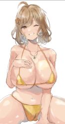 Rule 34 | 1girl, ahoge, anis (nikke), anis (sparkling summer) (nikke), bare shoulders, bikini, breasts, brown eyes, cleavage, collarbone, goddess of victory: nikke, grin, hand on own chest, huge breasts, jewelry, large breasts, light blush, light brown hair, looking at viewer, midriff, navel, necklace, one eye closed, sakagami111111, short hair, sitting, smile, solo, spread legs, string bikini, swimsuit, yellow bikini