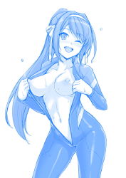 Rule 34 | 1girl, ;d, beach, blue bodysuit, blue sky, blue theme, blush, bodysuit, breasts, breasts out, brown eyes, brown hair, collarbone, commentary request, cosplay, diving suit, female pubic hair, hairband, haruhisky, highres, hip focus, large breasts, long hair, looking at viewer, love live!, love live! school idol festival, love live! sunshine!!, matsuura kanan, matsuura kanan (cosplay), monochrome, navel, nipples, one eye closed, open bodysuit, open clothes, open mouth, orange hairband, parody, ponytail, pubic hair, pubic hair peek, sky, smile, solo, suzumiya haruhi, suzumiya haruhi no yuuutsu, swept bangs, thighs, wet, wetsuit