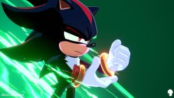 Rule 34 | 1boy, artist logo, artist name, black fur, drexis anim, fire, frown, furry, furry male, gauntlets, gloves, green fire, half-closed eyes, highres, looking to the side, male focus, multicolored fur, pointy nose, red eyes, red fur, shadow the hedgehog, signature, solo, sonic (series), spiked hair, white fur, wristband