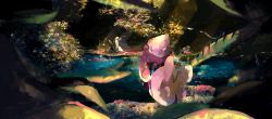 Rule 34 | 1girl, absurdres, blurry, blurry foreground, creatures (company), day, female focus, floating, flower, from behind, full body, game freak, gen 7 pokemon, grass, hat, highres, lake, leaf, legendary pokemon, light rays, long hair, nintendo, one-hour drawing challenge, outdoors, pink hair, pink hat, pokemon, pokemon (creature), red flower, scenery, sketch, solo, sunlight, tapu lele, umi hire, water