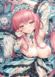 Rule 34 | 1girl, afloat, azur lane, blush, breasts, cleavage, cropped, curvy, detached collar, detached sleeves, dress, flower, frilled dress, frilled hairband, frills, hairband, heart, heart-shaped pupils, jewelry, key, key necklace, large breasts, long hair, looking at viewer, nail polish, necklace, nipple slip, nipples, one breast out, partially submerged, perseus (azur lane), pink eyes, pink flower, pink hair, pink nails, see-through, see-through dress, see-through silhouette, solo, symbol-shaped pupils, two-tone dress, upper body, very long hair, water, wet, wet clothes, white dress, white flower, wide sleeves, xiao yao xiong (xy450425885)
