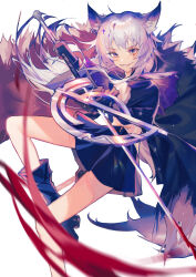 Rule 34 | 1girl, animal ear fluff, animal ears, arknights, black footwear, black gloves, black jacket, black skirt, blood, blush, boots, chinese commentary, commentary, floating hair, foot out of frame, fur-trimmed jacket, fur trim, gloves, grey eyes, grey hair, grin, highres, holding, holding sword, holding weapon, jacket, lappland (arknights), lappland (refined horrormare) (arknights), long hair, long sleeves, looking at viewer, official alternate costume, open clothes, open jacket, scar, scar across eye, skirt, smile, solo, sword, tail, teeth, weapon, wolf ears, wolf girl, wolf tail, x zhaohuan x