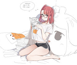 Rule 34 | 1girl, absurdres, asymmetrical bangs, asymmetrical hair, bare legs, barefoot, bespectacled, black-framed eyewear, black shorts, blush, body pillow, book, book stack, breasts, crop top, crop top overhang, dickbomber, dolphin shorts, full body, glasses, gm orangeade, hair bobbles, hair ornament, highres, holding, holding book, korean commentary, korean text, large breasts, last origin, looking at viewer, medium hair, midriff, navel, orangeade (last origin), parted lips, pillow, red eyes, red hair, shirt, short shorts, short sleeves, shorts, side ponytail, simple background, sitting, smile, solo, speech bubble, t-shirt, thighs, wariza, white background, white shirt