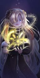 Rule 34 | 1girl, absurdres, asymmetrical sleeves, bad id, bad pixiv id, black background, black coat, black gloves, blonde hair, blue eyes, coat, commentary request, cowboy shot, eyebrows hidden by hair, fingerless gloves, gloves, glowing, hair ornament, hair over one eye, high collar, highres, isekai joucho, kamitsubaki studio, long hair, mismatched sleeves, one eye covered, open hands, open mouth, own hands together, short sleeves, single glove, sleeves past wrists, solo, standing, tirudo29, tongue, very long hair, virtual youtuber, zipper, zipper pull tab