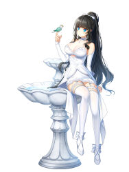 Rule 34 | 1girl, :/, ankle bow, ankle ribbon, arm support, bare shoulders, bird, bird on hand, black hair, blue eyes, blunt bangs, bow, braid, breasts, bridal gauntlets, cleavage, closed mouth, closers, clothing cutout, dress, fountain, french braid, full body, garter straps, hair bow, hand up, high heels, highres, index finger raised, lace, lace-trimmed dress, lace-trimmed thighhighs, lace trim, large breasts, leg ribbon, long hair, looking at animal, official art, pencil dress, ponytail, ribbon, see-through, see-through cleavage, short dress, sidelocks, sitting, sleeveless, sleeveless dress, solo, tachi-e, thighhighs, underboob cutout, very long hair, water, wedding dress, white background, white bow, white bridal gauntlets, white dress, white footwear, white thighhighs, yuri seo