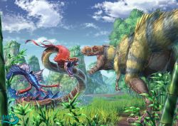 Rule 34 | bamboo, blue sky, cloud, commentary request, day, dinosaur, dinosaur request, feathered dinosaur, feathers, full body, grass, highres, monster, mountain, no humans, open mouth, original, outdoors, scales, sky, snake, stinger, teeth, tree, water, wet, yatsukahagi