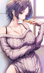 Rule 34 | 1girl, argyle, argyle sweater, arm under breasts, bare shoulders, belt buckle, blue hair, box, breasts, buckle, cleavage, collarbone, commentary request, dark blue hair, dress, drop earrings, earrings, fingernails, gift, gift box, glint, grey dress, hayami kanade, highres, holding, holding box, idolmaster, idolmaster cinderella girls, jewelry, koya (koya x 00), large breasts, light smile, looking at viewer, necklace, off-shoulder dress, off shoulder, short hair, sideways glance, solo, sweater, sweater dress, valentine
