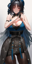 Rule 34 | 1girl, absurdres, arm strap, bare shoulders, black eyes, black gloves, black hair, black skirt, blue beret, blush, breasts, brown pantyhose, cleavage, cowboy shot, gloves, gradient background, highres, large breasts, long hair, looking at viewer, mole, mole under eye, own hands together, pantyhose, parted bangs, parted lips, rororo, simple background, single glove, skirt, smile, solo, white background, wuthering waves, yangyang (wuthering waves)