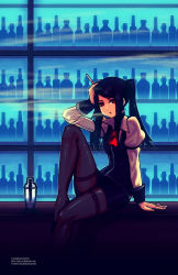 Rule 34 | 1girl, arm support, bar (place), bartender, black footwear, black hair, black pantyhose, black skirt, blowing smoke, bottle, breasts, cigarette, cocktail shaker, collared shirt, commentary, copyright name, from side, hand on own head, high heels, highres, jill stingray, kiririn51, long sleeves, looking at viewer, medium breasts, pantyhose, parted lips, puffy long sleeves, puffy sleeves, red eyes, shirt, shoes, silhouette, sitting, skirt, smoke, smoking, solo, swept bangs, thighband pantyhose, twintails, twitter username, va-11 hall-a, watermark, web address, white shirt, wing collar
