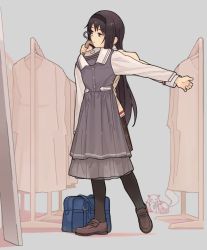 Rule 34 | 1girl, akemi homura, bag, unworn bag, black eyes, black hair, black hairband, black pantyhose, blurry, blurry background, brown footwear, brown shirt, brown skirt, closed mouth, clothes hanger, clothes in front, clothes rack, collared dress, dress, unworn dress, expressionless, full-length mirror, full body, grey background, grey dress, hairband, hands up, holding, holding clothes, holding dress, kyubey, loafers, long hair, long sleeves, looking at object, mahou shoujo madoka magica, miniskirt, mirror, mitakihara school uniform, outstretched arm, pantyhose, plaid, plaid skirt, pleated skirt, school bag, school uniform, shima (landsuzume), shirt, shoes, simple background, skirt, solo, standing, very long hair, white sleeves