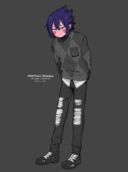 Rule 34 | 1boy, absurdres, alternate costume, amajiki tamaki, anna (aannnaa3), argyle, argyle clothes, argyle sweater, black eyes, black footwear, blush, boku no hero academia, breast pocket, character name, commentary, copyright name, full body, grey background, grey pants, grey sweater, hair between eyes, highres, looking at viewer, male focus, pants, pocket, purple hair, shoes, short hair, simple background, solo, standing, sweater, symbol-only commentary