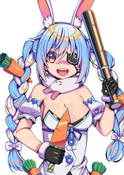 Rule 34 | 1girl, :d, absurdres, animal ear fluff, animal ears, bare shoulders, baseball bat, black gloves, blue hair, braid, breasts, carrot hair ornament, chai mao, cleavage, detached sleeves, don-chan (usada pekora), eyepatch, food-themed hair ornament, fur-trimmed gloves, fur scarf, fur trim, gloves, hair ornament, highres, hikimayu, holding, holding baseball bat, hololive, large breasts, long hair, looking at viewer, multicolored hair, open mouth, parody request, puffy short sleeves, puffy sleeves, rabbit ears, rabbit girl, ryuu ga gotoku (series), ryuu ga gotoku 1, ryuu ga gotoku kiwami, scarf, short eyebrows, short sleeves, smile, solo, strapless, swept bangs, teeth, twin braids, twintails, two-tone hair, upper teeth only, usada pekora, usada pekora (1st costume), virtual youtuber, white hair, white scarf, white sleeves