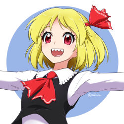 Rule 34 | ascot, black vest, blonde hair, collared shirt, hair ribbon, highres, long sleeves, medium hair, outstretched arms, rakkidei, red ascot, red eyes, red ribbon, ribbon, rumia, sharp teeth, shirt, spread arms, teeth, touhou, vest, white shirt