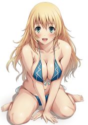 Rule 34 | 10s, 1girl, :d, adapted costume, arm support, atago (kancolle), barefoot, between legs, bikini, blonde hair, blue bikini, blush, breasts, breasts squeezed together, cleavage, collarbone, commentary request, eyebrows, front-tie bikini top, front-tie top, full body, green eyes, hand between legs, highres, kantai collection, large breasts, long hair, looking at viewer, navel, open mouth, sakiyamama, side-tie bikini bottom, simple background, sitting, smile, solo, swimsuit, v arms, wariza, white background