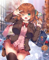 Rule 34 | 1girl, ;d, aoki kaede, arm up, bag, bag charm, black thighhighs, blazer, blurry, blurry background, blush, bow, bowtie, breasts, brown footwear, brown hair, brown jacket, building, cardigan, charm (object), collared shirt, commentary request, day, depth of field, dress shirt, fang, fingernails, green eyes, green ribbon, hair between eyes, hair ribbon, highres, holding, holding bag, jacket, large breasts, loafers, long sleeves, one eye closed, open clothes, open jacket, open mouth, original, outdoors, paper bag, pink cardigan, plaid, plaid bow, plaid bowtie, plaid neckwear, plaid skirt, pleated skirt, red bow, red bowtie, red skirt, ribbon, school bag, shirt, shoes, shopping bag, skirt, sleeves past wrists, smile, solo, standing, standing on one leg, suzunone rena, thighhighs, two side up, v over eye, white shirt