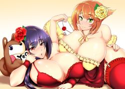 Rule 34 | 2girls, bare shoulders, blue hair, blush, breasts, breasts out, copyright request, green eyes, highres, huge breasts, long hair, looking at viewer, lying, moo, multiple girls, on side, orange hair, parted lips, red eyes, short hair, smile