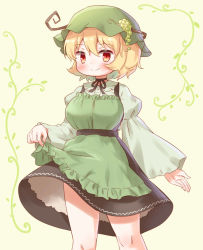 Rule 34 | 1girl, aki minoriko, alternate color, apron, apron lift, arinu, black collar, black skirt, blonde hair, closed mouth, clothes lift, collar, food, fruit, grapes, green apron, green headwear, highres, juliet sleeves, lifted by self, long sleeves, looking at viewer, puffy sleeves, red eyes, short hair, skirt, smile, solo, standing, touhou, yellow background