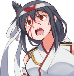 Rule 34 | 1girl, black hair, blood, blood on face, detached sleeves, hair ornament, headband, headgear, japanese clothes, kantai collection, kuroten, open mouth, red eyes, ribbon-trimmed sleeves, ribbon trim, short hair, simple background, solo, teeth, upper body, white background, yamashiro (kancolle)