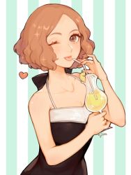 Rule 34 | 1girl, artist name, black one-piece swimsuit, brown eyes, brown hair, cup, drinking glass, drinking straw, food, fruit, heart, jivke, lemon, lemon slice, okumura haru, one-piece swimsuit, one eye closed, persona, persona 5, persona 5 scramble: the phantom strikers, puckered lips, solo, sparkle, sparkling eyes, striped, striped background, swimsuit, tongue, tongue out, vertical stripes